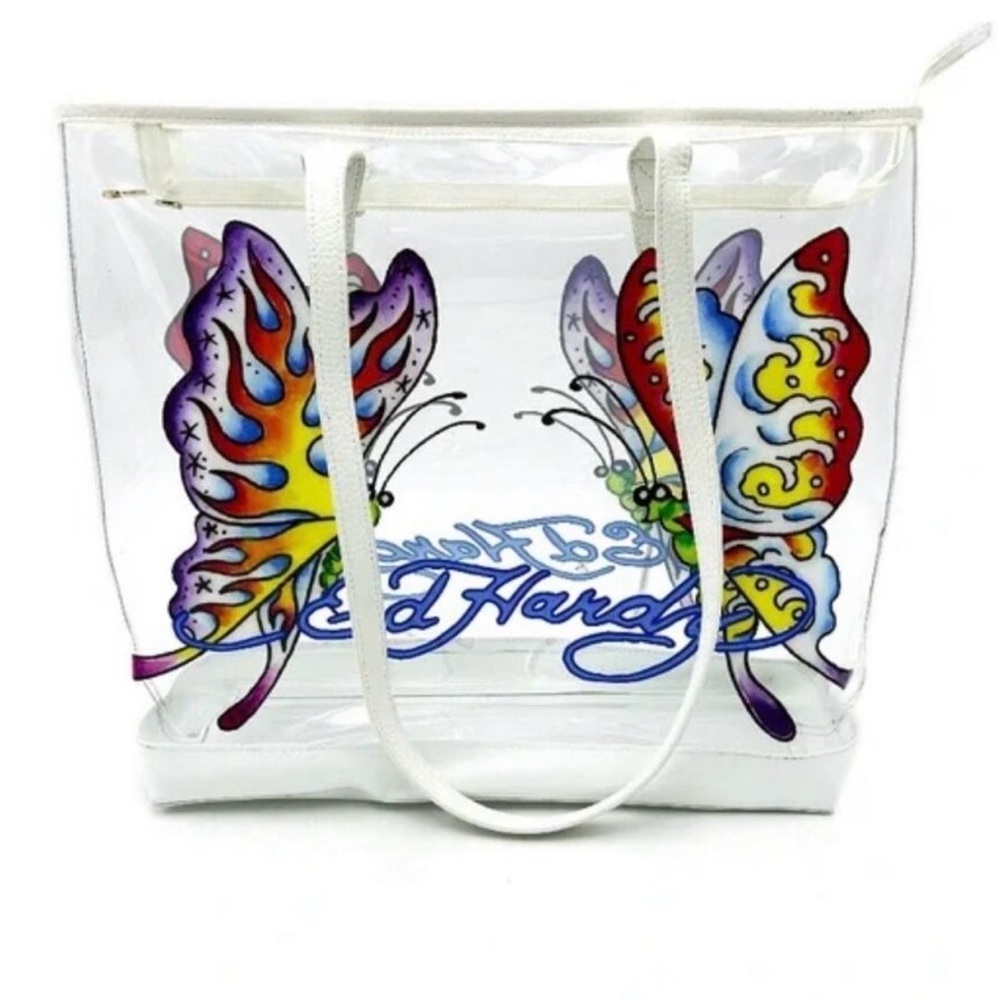 Ed Hardy Large Clear PVC Tote Bag with Butterfly Print and Zipper - Picture 2 of 3